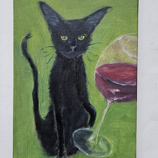 Melnais kaķis ar vīna glāzi. 20 x 30 cm. Audekls, eļļa.  30 EUR. PIEEJAMS