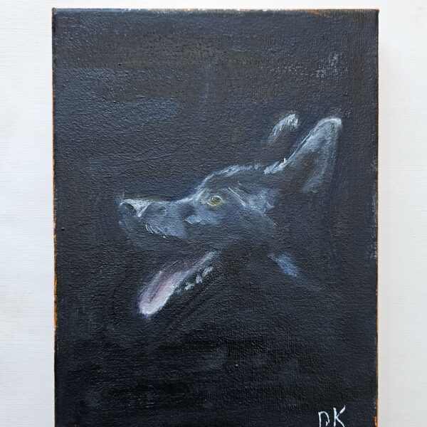 Melnais suns.  Audekls, eļļa. 15 x 20 cm. PIEEJAMS.  20 EUR